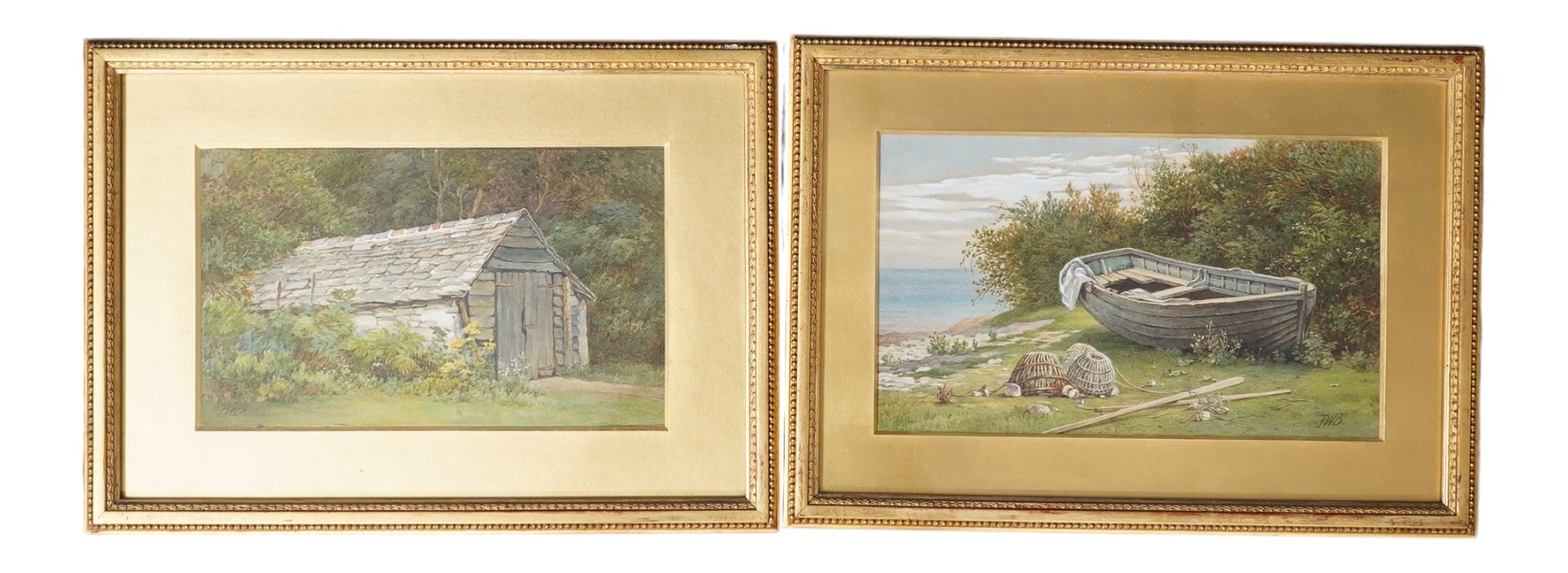 F.W.B., pair of watercolours, Boat shed and Beached boat, each monogrammed, 16 x 27cm, housed in gilt frames. Condition - fair to good